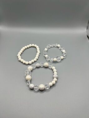Elegant White Bead Stretch Bracelet Set - 3 Pieces - Handmade #B0058T